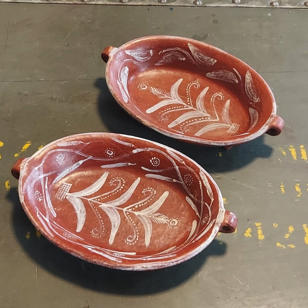 Vintage Hand Painted Terracotta Clay Bowls Set of 2 Rustic Folk Art Red White 7"